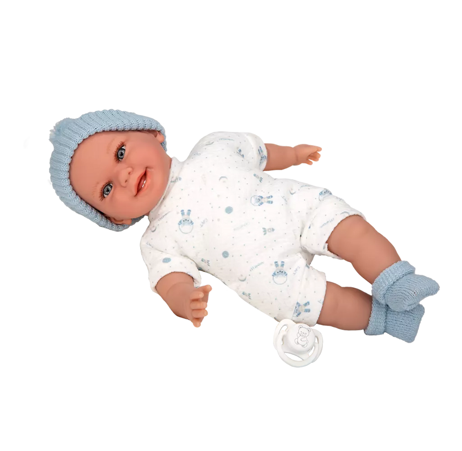 Arias kūdikėlis su garsu, su žydra kepuryte, 34 cm