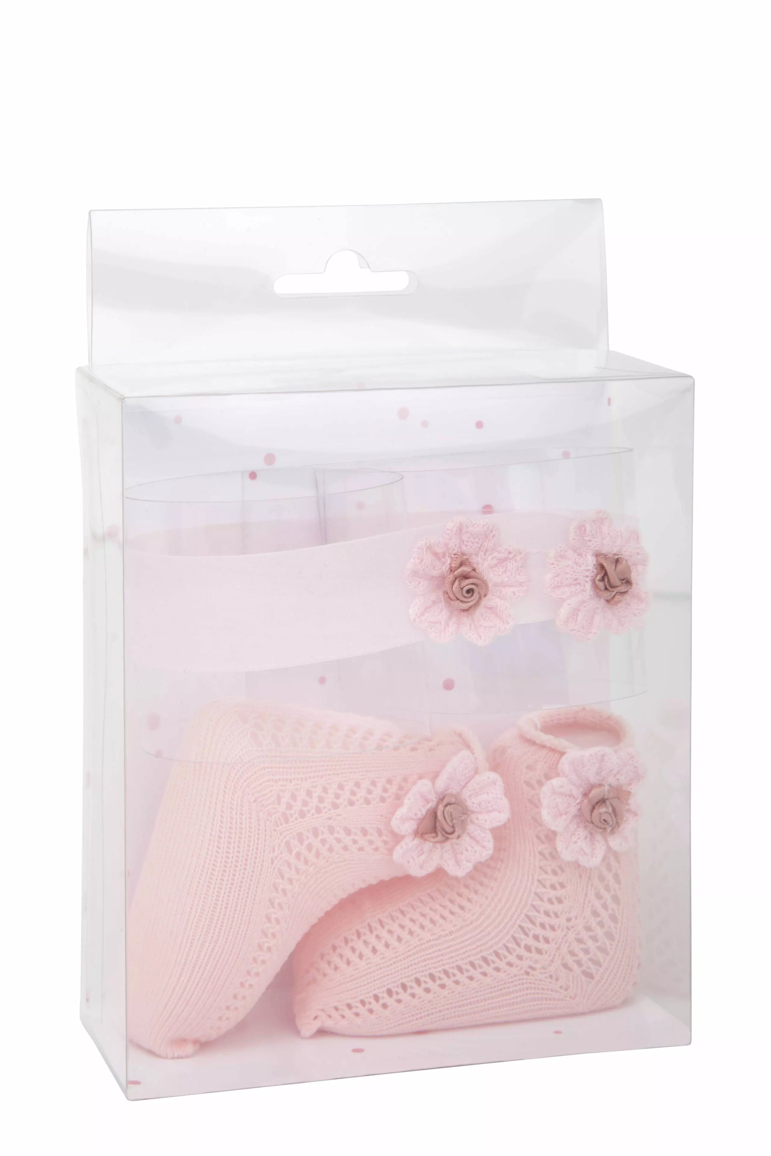 Arias lėlės kūdikio nertų kojinyčių ir lankelio rinkinys, rožinis