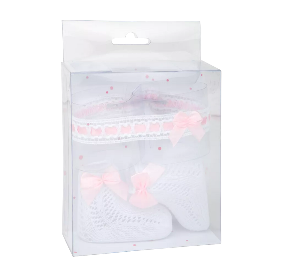 Arias lėlės kūdikio nertų kojinyčių ir lankelio rinkinys, baltas