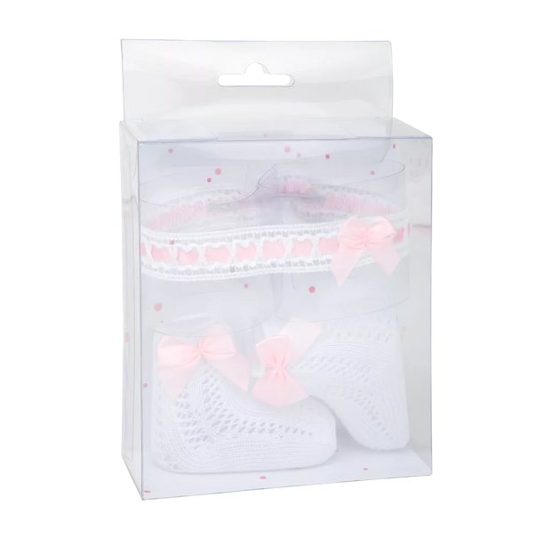Arias lėlės kūdikio nertų kojinyčių ir lankelio rinkinys, baltas
