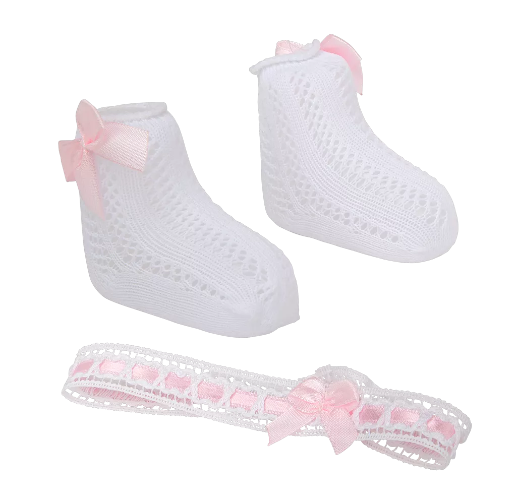 Arias lėlės kūdikio nertų kojinyčių ir lankelio rinkinys, baltas