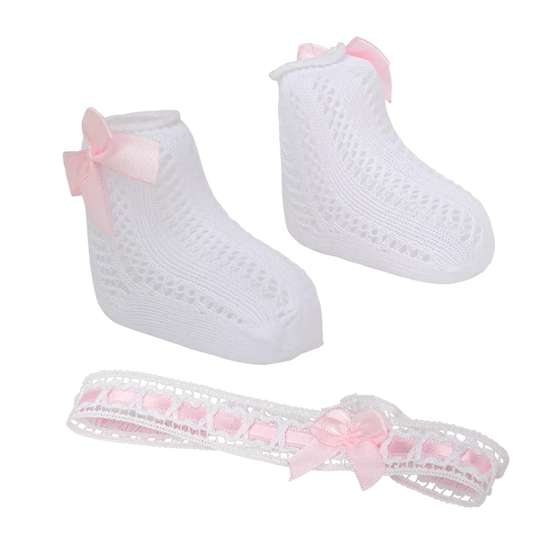 Arias lėlės kūdikio nertų kojinyčių ir lankelio rinkinys, baltas