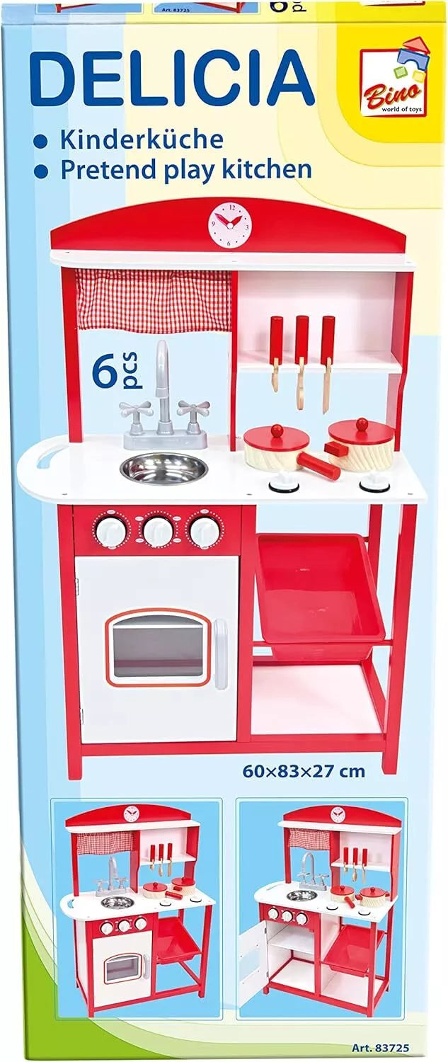 Raudona medinė virtuvėlė su priedais