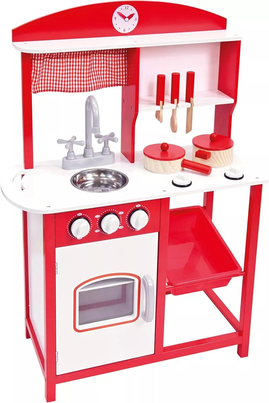 Raudona medinė virtuvėlė su priedais