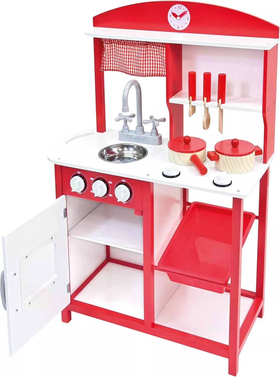 Raudona medinė virtuvėlė su priedais