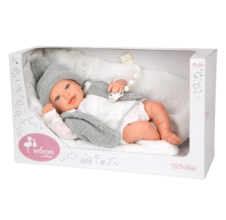 Arias Reborn kūdikėlis su pilkais rūbeliais, Daniela, 45 cm