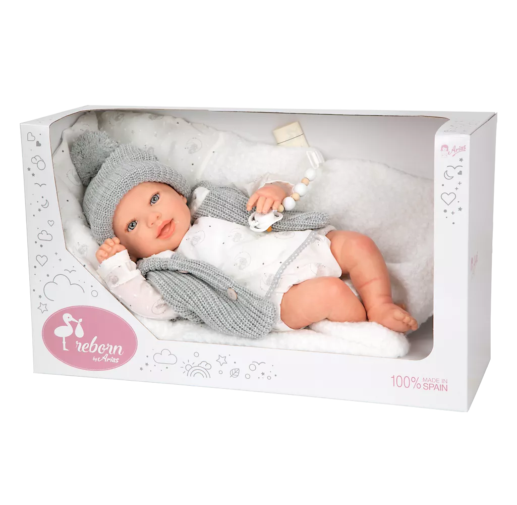 Arias Reborn kūdikėlis su pilkais rūbeliais, Daniela, 45 cm