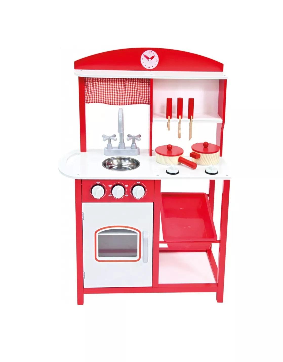 Raudona medinė virtuvėlė su priedais