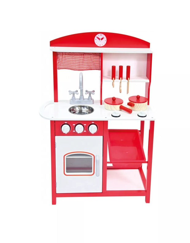 Raudona medinė virtuvėlė su priedais